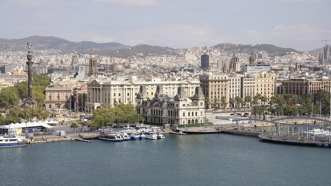The Port Vell and the Columbus Monument, with the city rising to the hills behind.